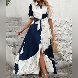 Women's Fashionable Summer Printed Dress With Lapel & Cinched Waist